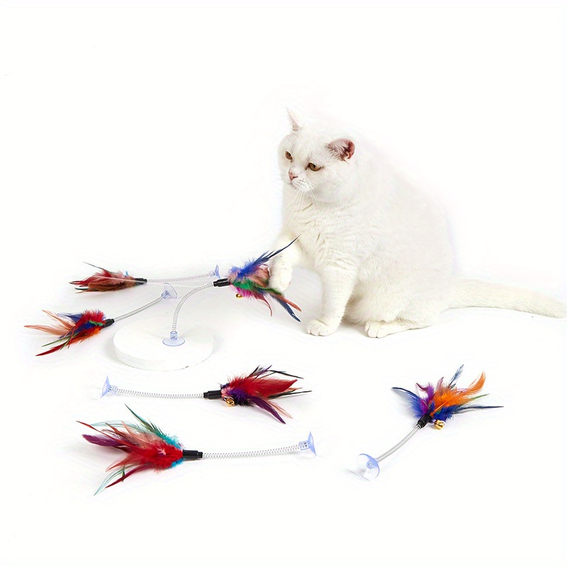 

Interactive Cat Teaser Wand With Suction Cup Base, Spring- Feather Toy With Bell For