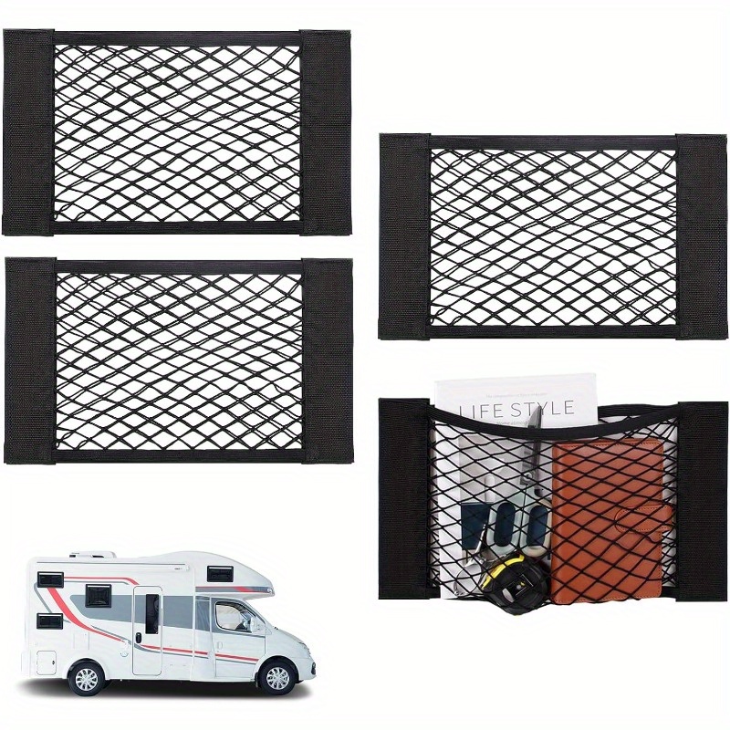 

4-pack Elastic Cargo Storage Nets With Self-adhesive Strips, Durable Polyester Blend Organizer For Rv, Car, Suv, Truck - No-drill Installation Mesh Holders (17.7 X 9.8 Inches)