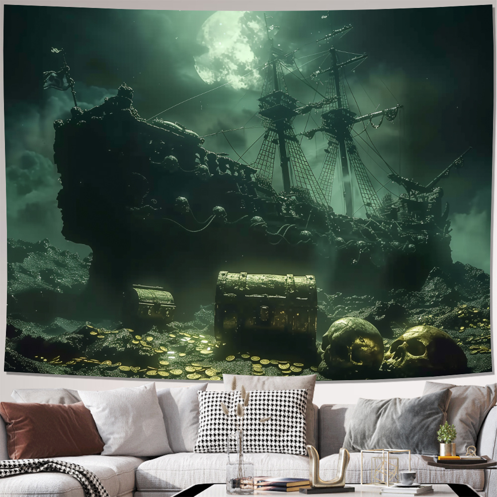 

Spooky Pirate Ship Nighttime Tapestry - Satin Wall Hanging For Living Room, Bedroom, Office Decor - Includes Easy Install Kit