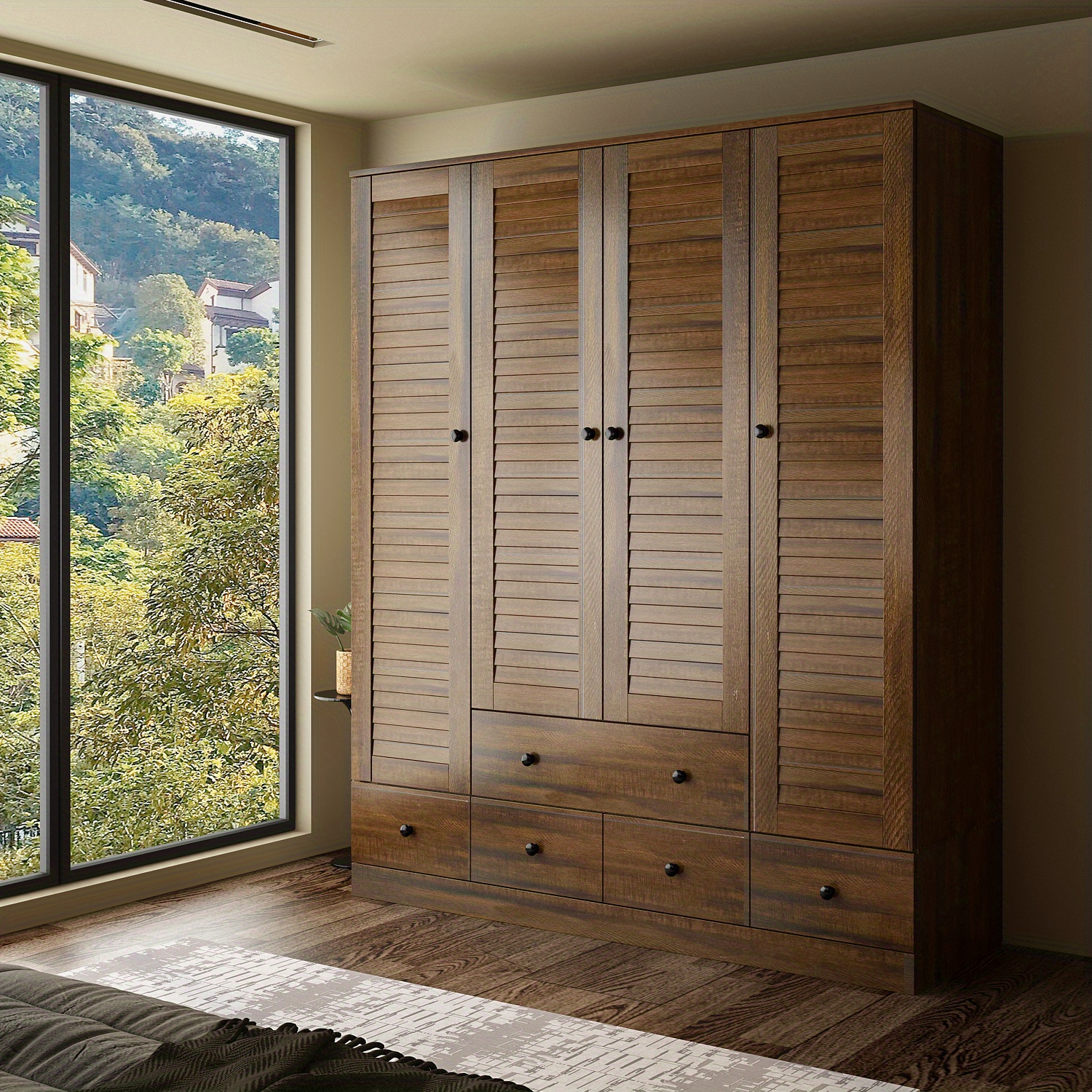 TEMU de rangement en bois pour chambre à coucher, grande avec étagères à plusieurs niveaux, 5 tiroirs, tringle à vêtements et 4 portes à lamelles,