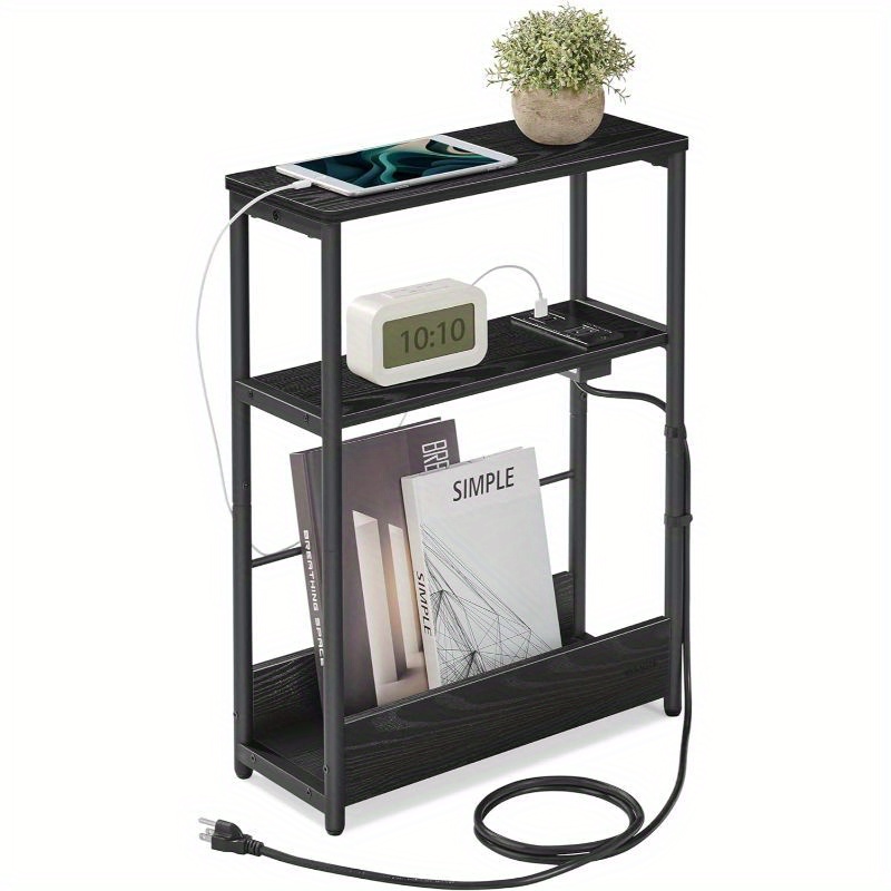 

Side Table With Charging Station, Narrow End Table, 3-tier Nightstand, Sofa Table For Small Spaces, Magazine Rack, For Living Room, Bedroom, Study