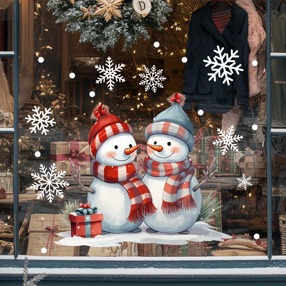 

Charming Watercolor Snowman & Snowflake Christmas Window Clings - Removable, Easy-to-apply Decals For Festive Home Decor