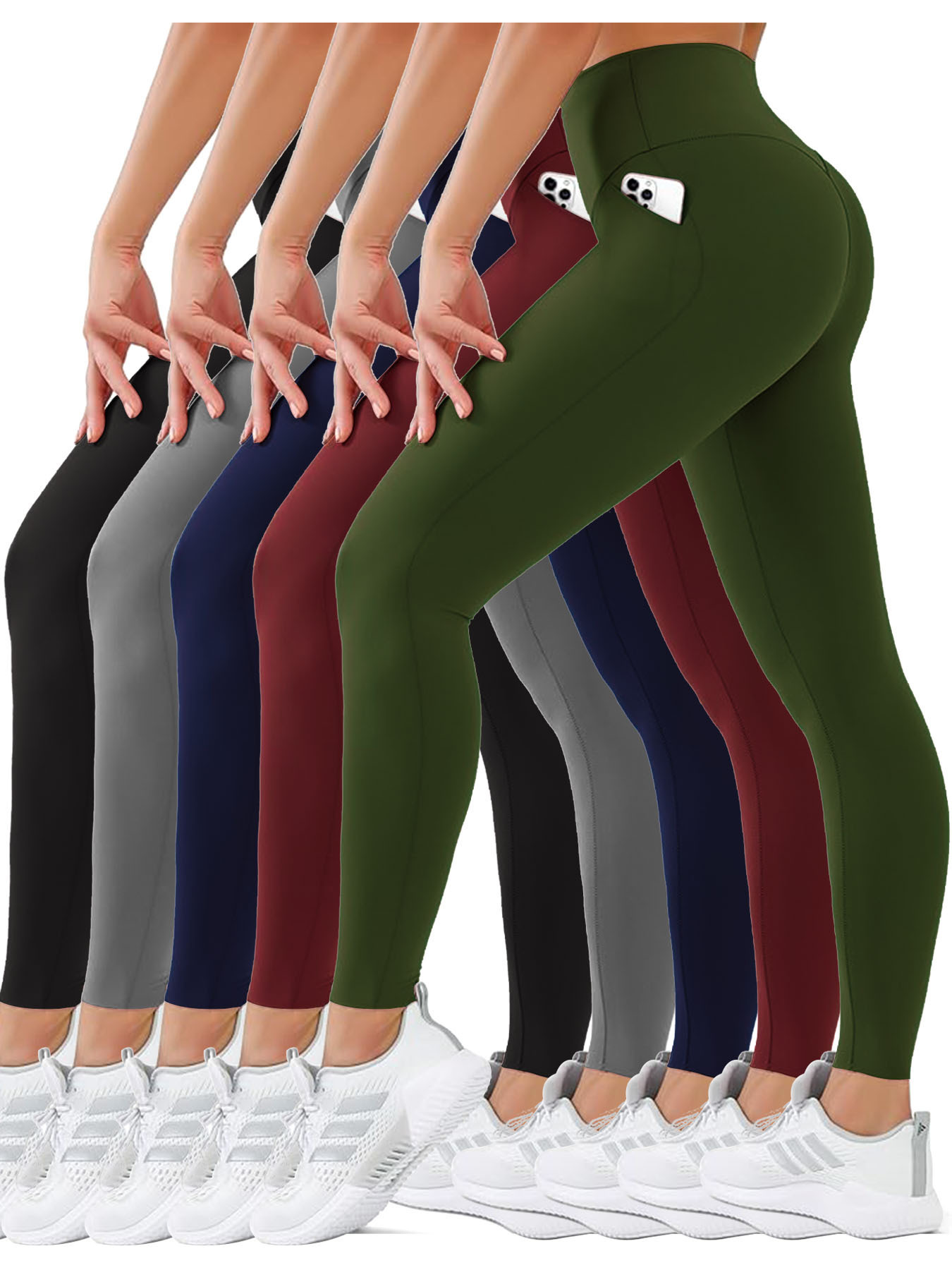 Five-pack women's high waist leggings with pockets, solid color leggings  are simple and stylish casual and sportswear