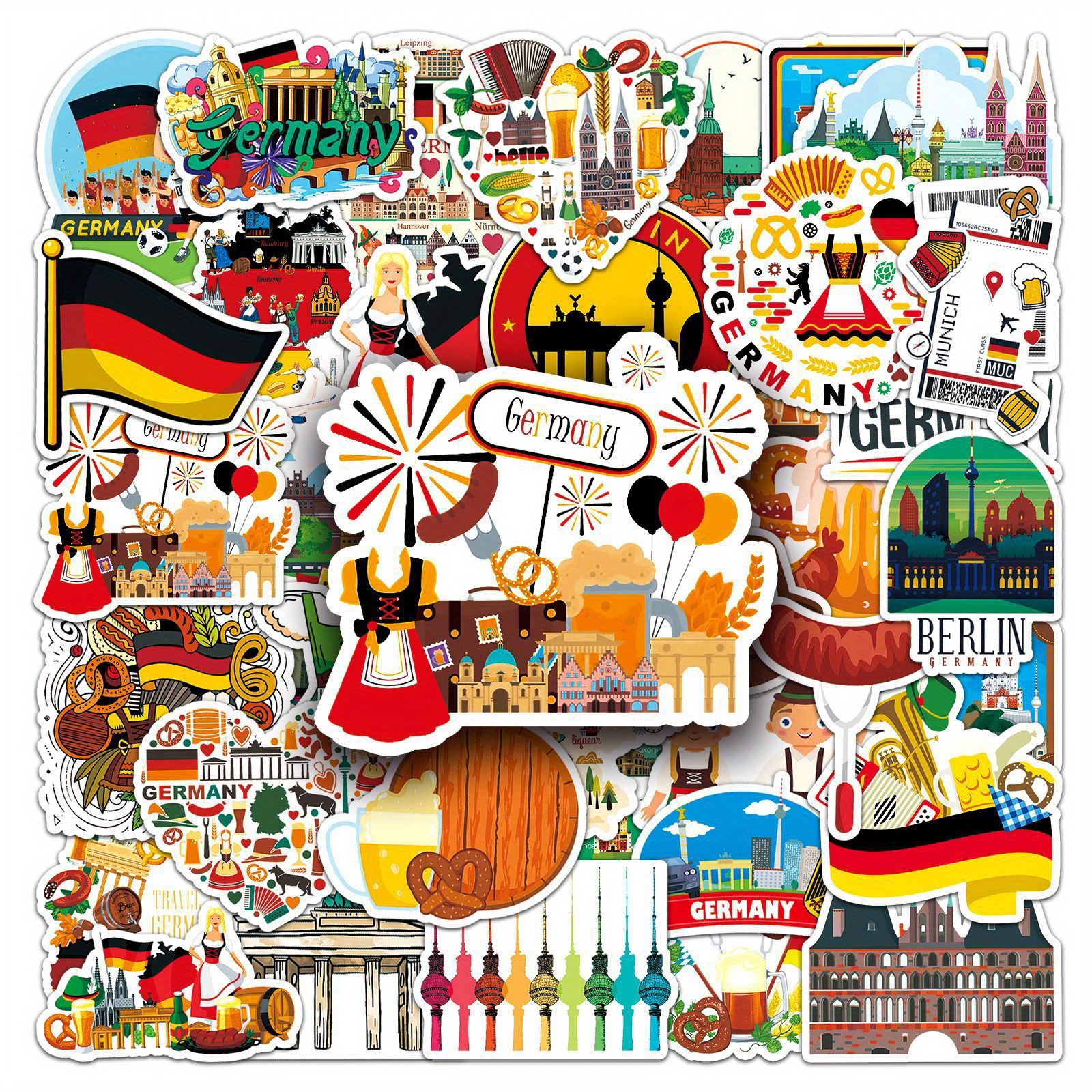 50pcs German Landscape Fun Cartoon Stickers | Graffiti Decoration For Luggage, Guitar, Car, Skateboard, Notepad - Mixed Color, Paper Material For Roller Skating And Cycling