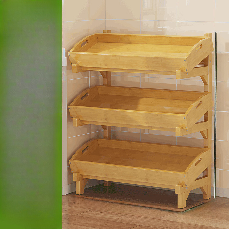 多機能竹製キッチン収納ラック - 多段式、果物＆野菜用オープン