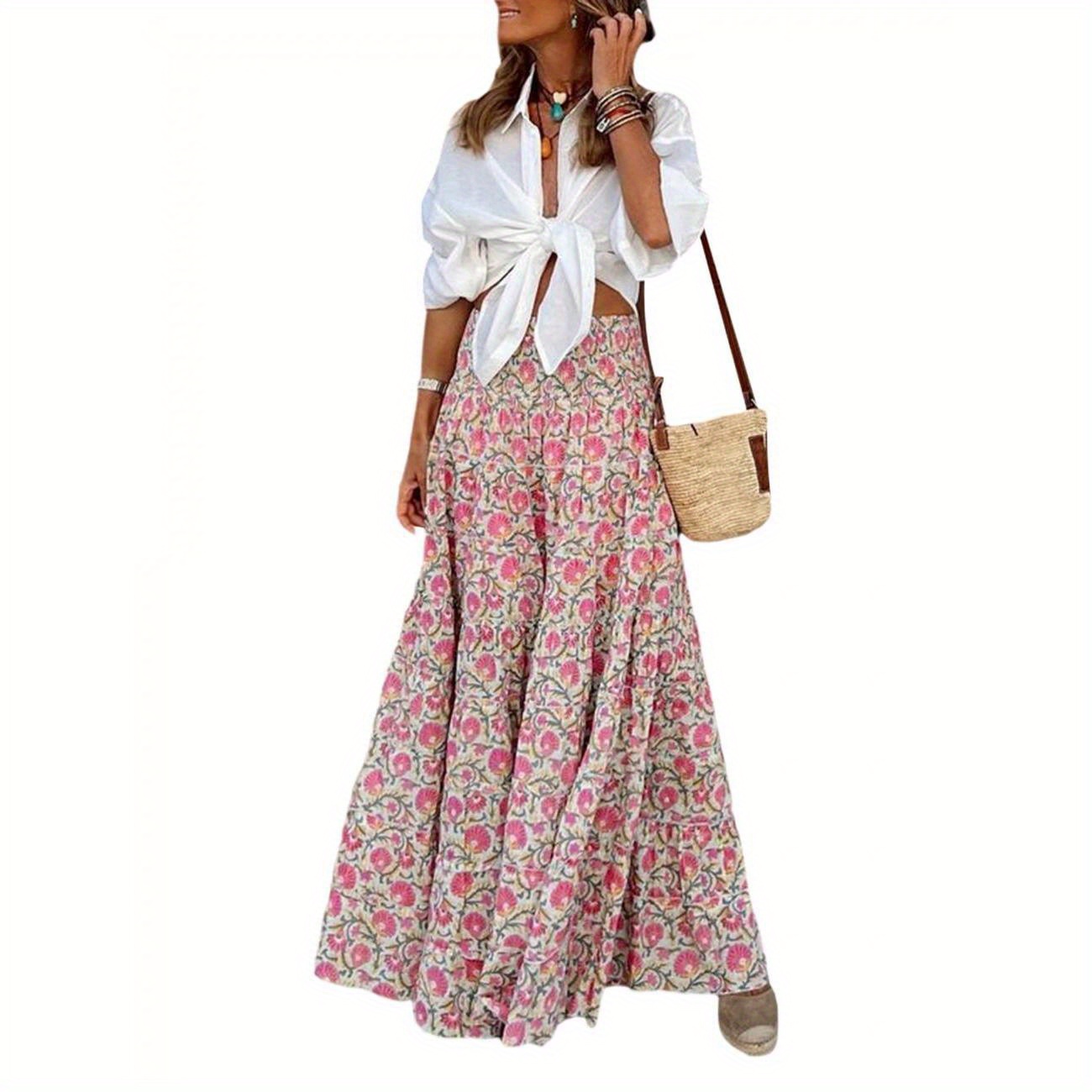 

Women Summer Long Skirt Large Hem Floral Print Elastic High Waist A-line Skirt For Beaches Club Streetwear