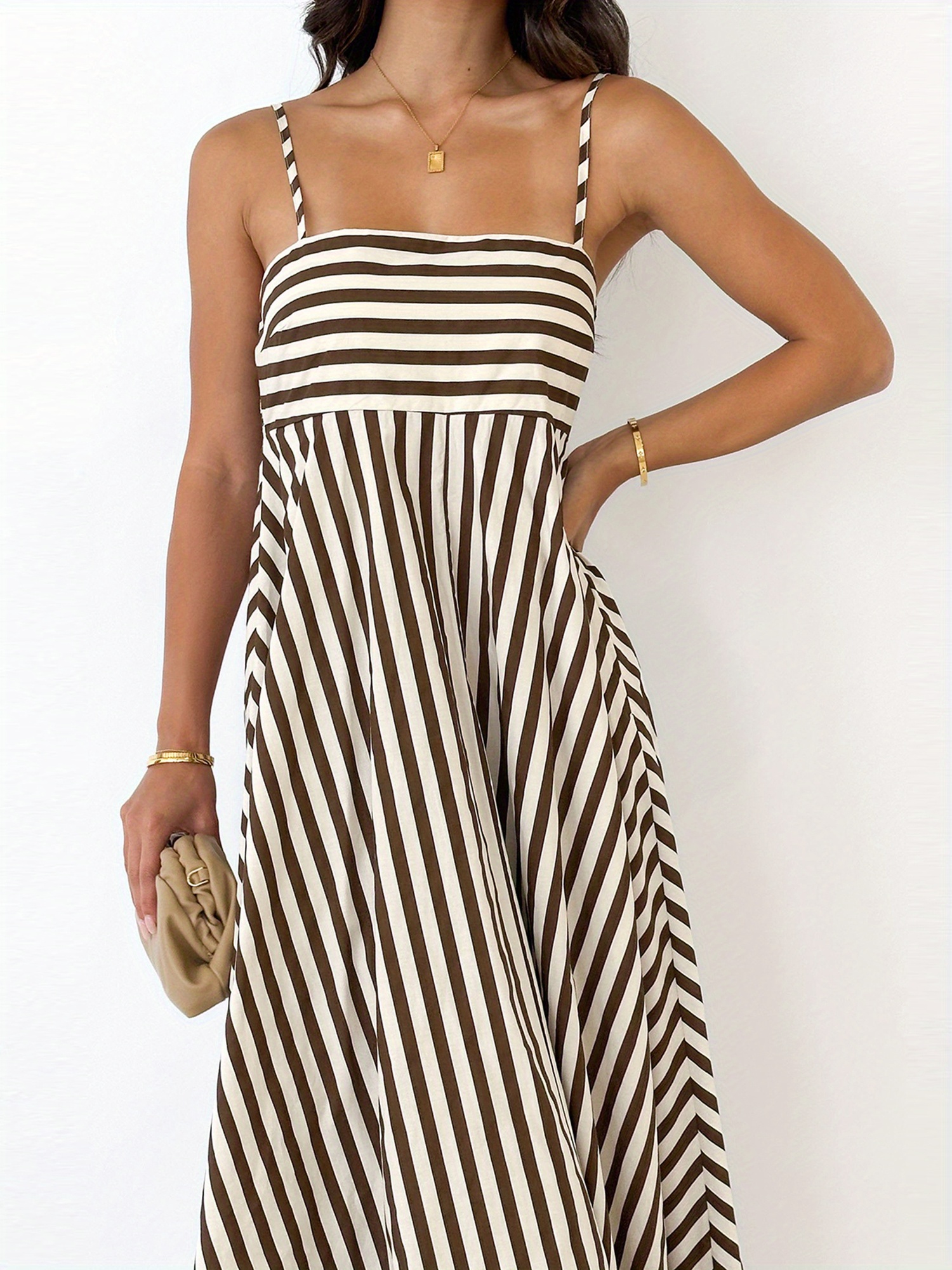womens elegant striped backless a line midi dress high - Temu