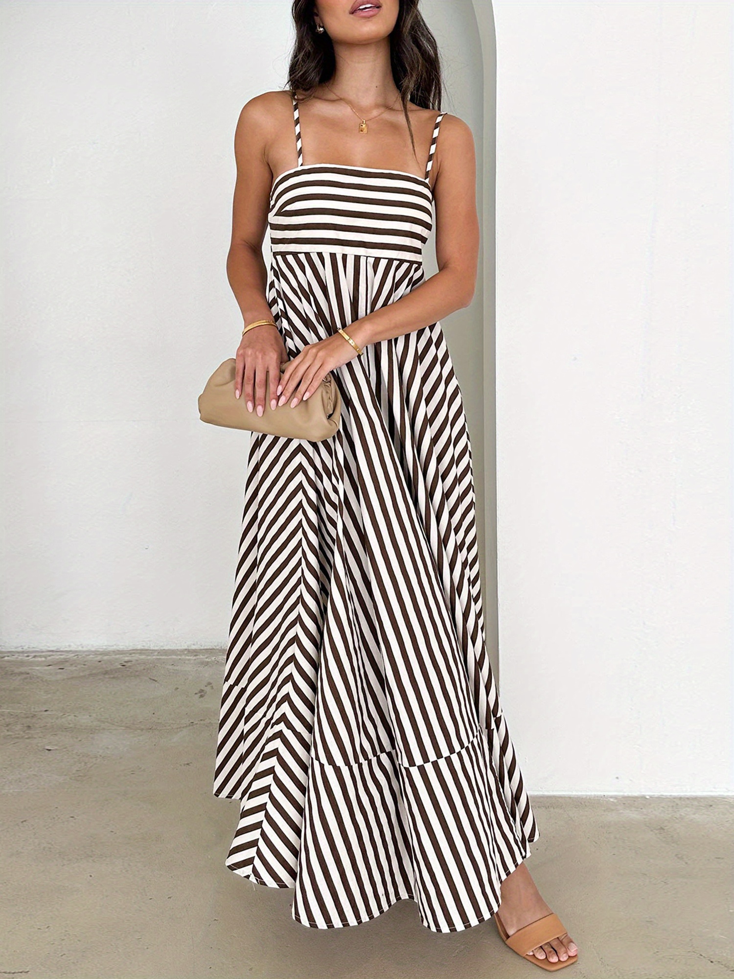 womens striped maxi cami dress high stretch square neck Temu