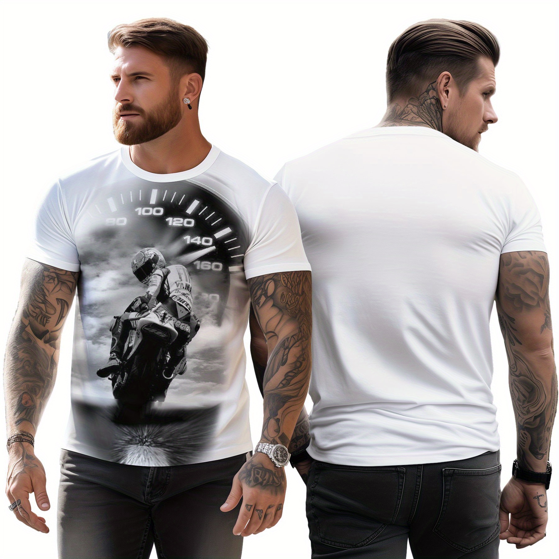 

Cool Motorcyclist Print Crew Neck T-shirt, Stylish Short Sleeve Top For Men, Men's Summer Comfy Tee