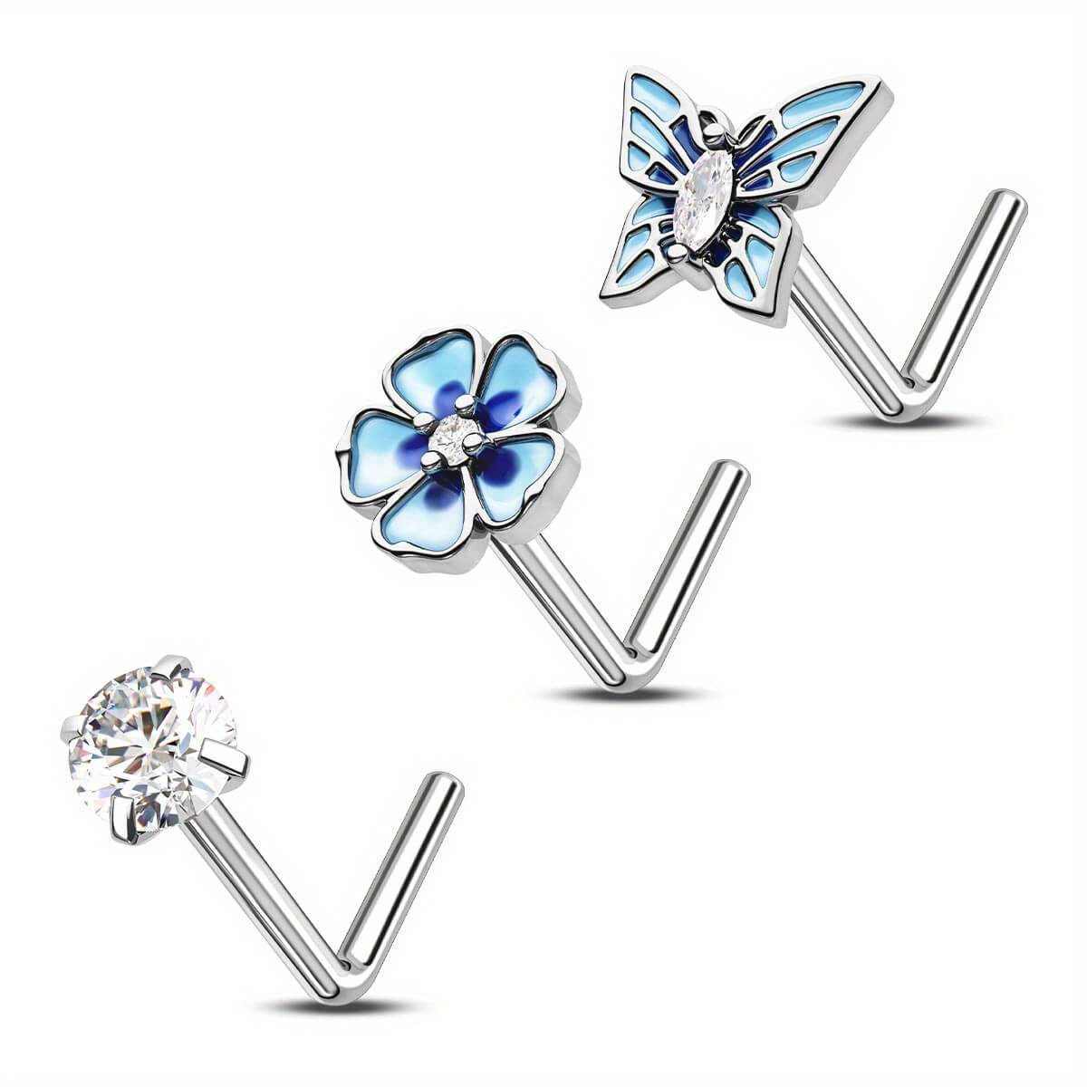 

3pcs Blue Flower/butterfly/clear Cz Nose Studs