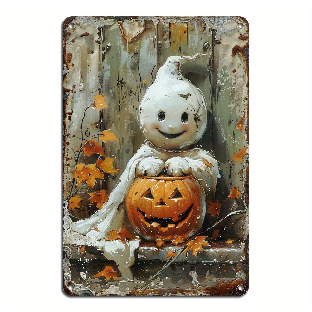 

Aluminum Ghost Pumpkin Retro Tin Sign - Reusable Metal Wall Decor For Home & Bar, Halloween Theme, Suitable For Ages 14+, Pre-drilled Holes - 1 Piece, 8x12 Inches