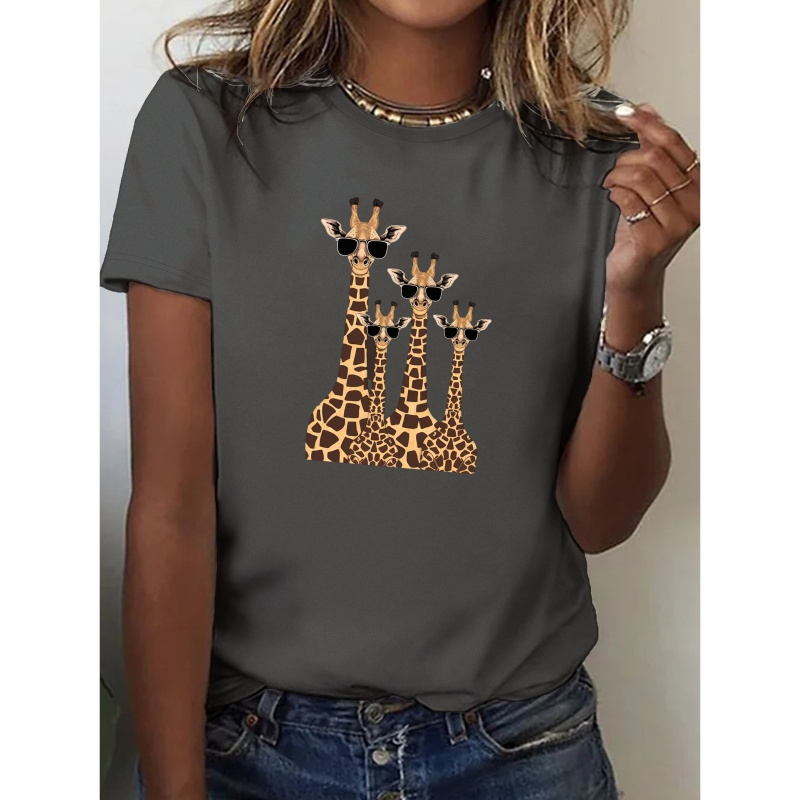 

Cute Giraffes Print Crew Neck T-shirt, Casual Short Sleeve Top For Spring & Summer, Women's Clothing