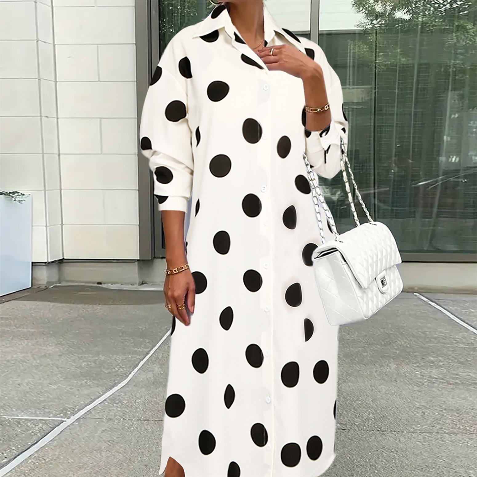 

Tooluck Polka Dot Collared Shirt Dress, Casual Button Front Long Sleeve Maxi Dress, Women's Clothing