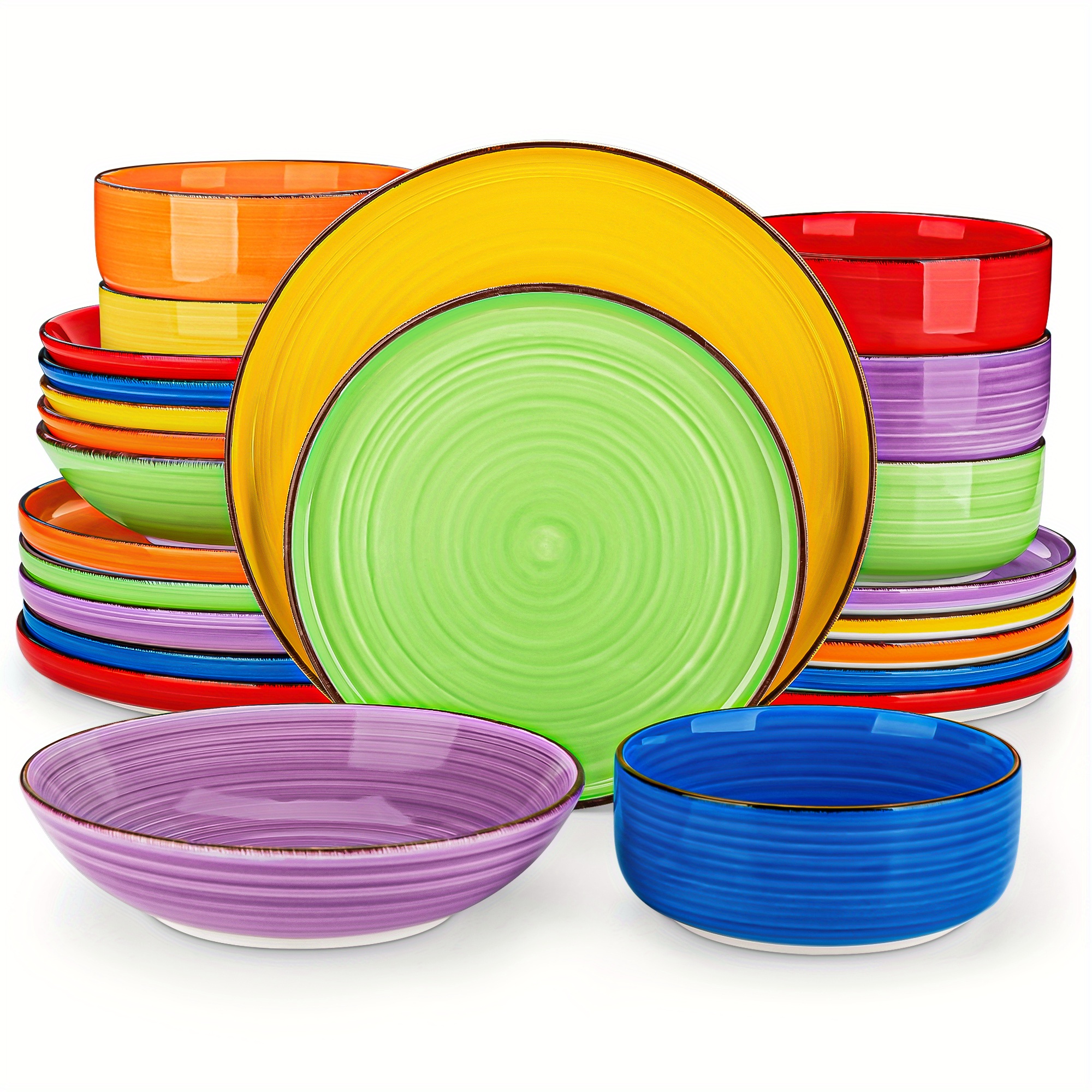 

24 Piece Dinner Set Colorful Stoneware Hand Painted Swirls Tableware With Dinner Plates, Dessert Plates, Pasta Bowls And Cereal Bowl