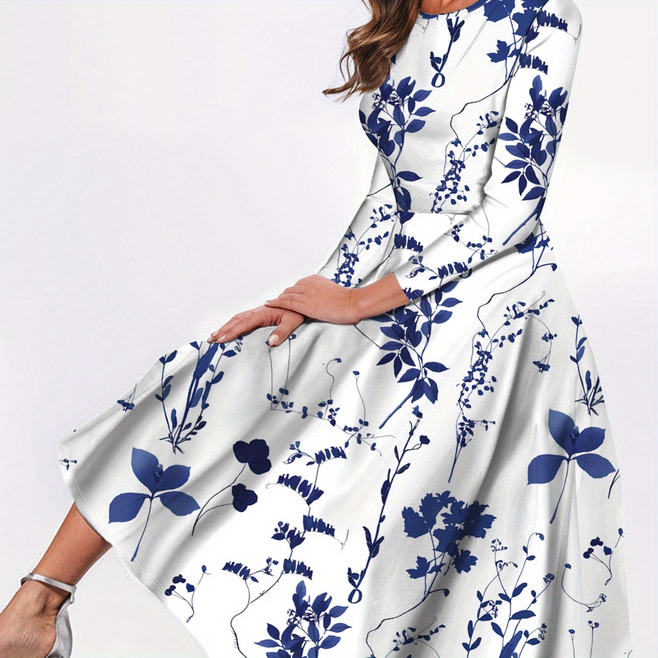 

Robe à col rond à imprimé floral, robe élégante à manches longues pour le printemps et l'automne, vêtements pour femmes