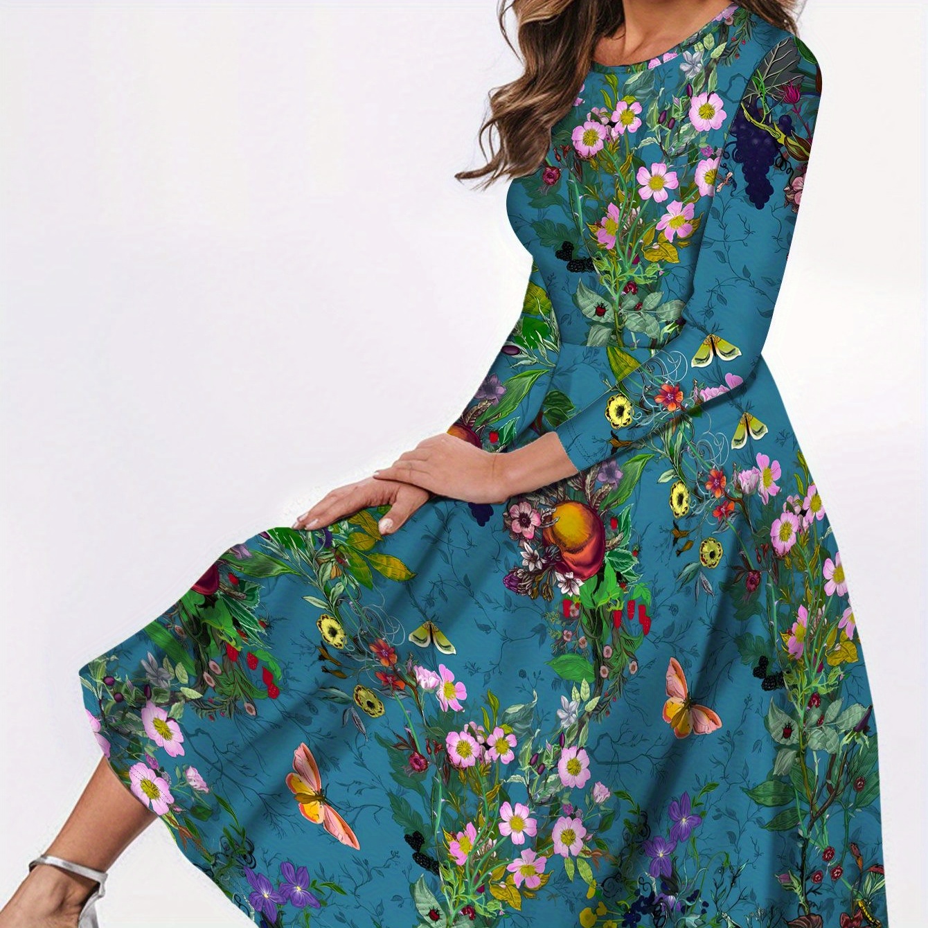 

Floral Print Crew Neck Dress, Elegant Long Sleeve Dress For Spring & Fall, Women's Clothing