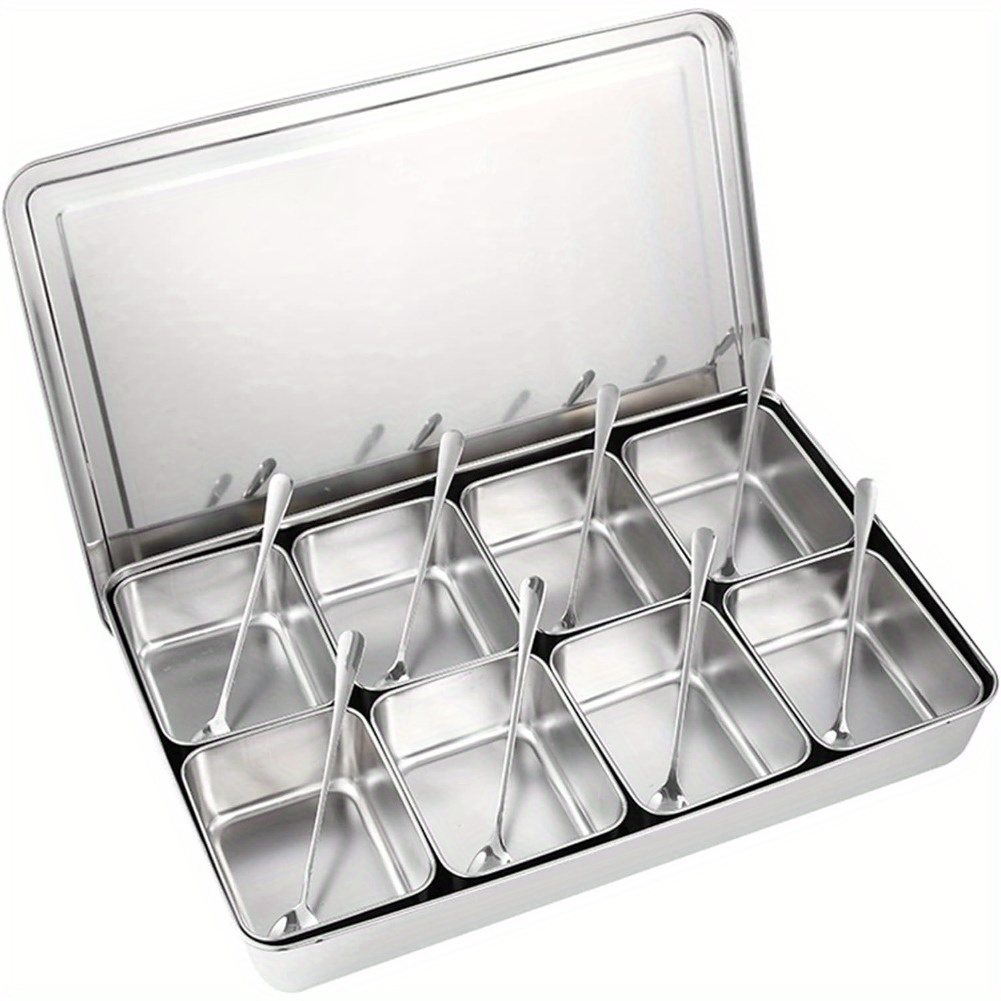 

8 Grids Seasoning Box Aluminium Alloy Condiment Containers With Spoon And Lid For Seasoning Snacks Flour And Dry Goods