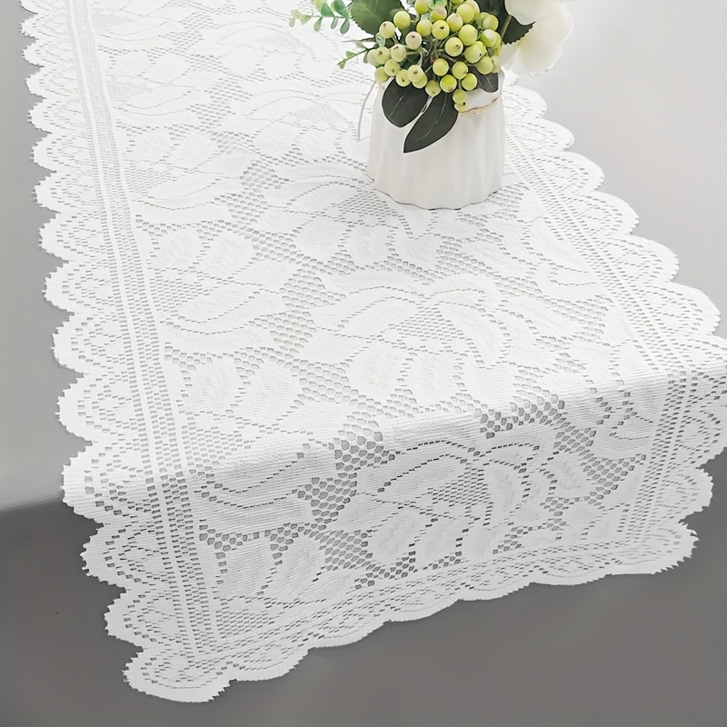 

1pc Elegant White Lace Tablecloth - Modern Style, 100% Polyester, Rectangular With Intricate Floral Patterns, Ideal For Coffee Tables & Tv Stands - Kitchen And Dining Room Decor, Table Decor