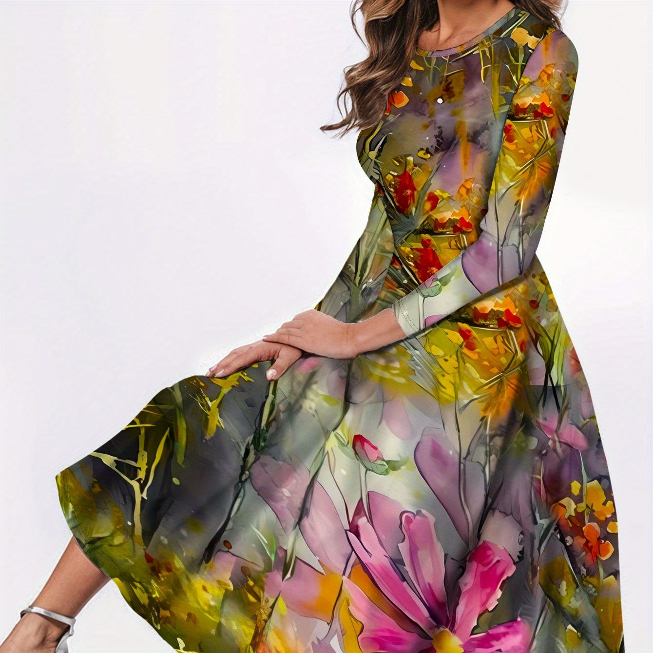

Floral Print Crew Neck Dress, Elegant Long Sleeve Dress For Spring & Fall, Women's Clothing