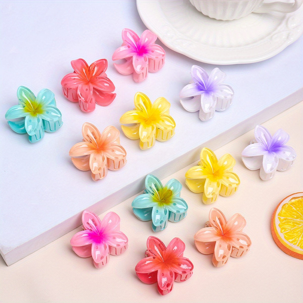 

12-piece Elegant Minimalist Flower Hair Claws Set, Gradient Jelly Bauhinia, Non-slip Floral Hair Clips For Parties And Daily Wear For Women 14+