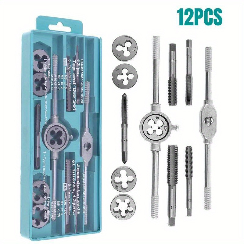 12pcs Screw Tap And Die Set, Metric M6-m12, Hand Threading Tools With Straight Taper Taps, Sturdy Alloy Steel, Precision Machining Kit For And Repair Work