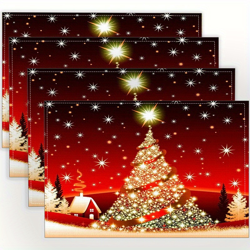 

Christmas Tree And Snowflakes Linen Place Mats - Set Of 4, Woven, Heat-resistant, Non-slip, Rectangle Table Mats For Dining Room Decor, Easy To Washable Placemats