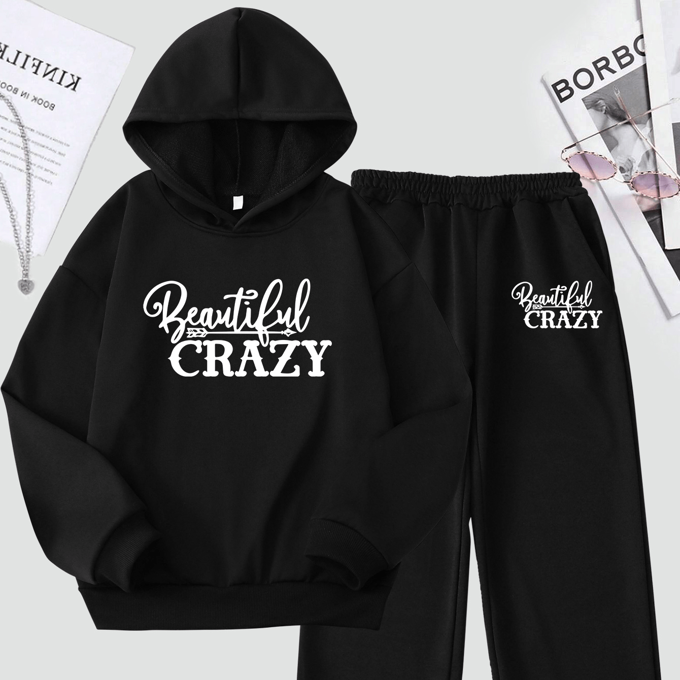 

Beautiful Crazy Casual Sweatshirt Set Long Sleeve Sweatshirt & Elastic Waist Jogger Sweatpants Set, Girls Clothes