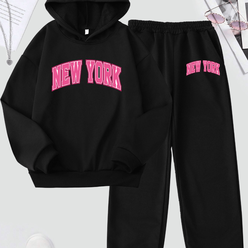 

New York Print Casual Sweatshirt Set Long Sleeve Sweatshirt & Elastic Waist Jogger Sweatpants Set, Girls Clothes