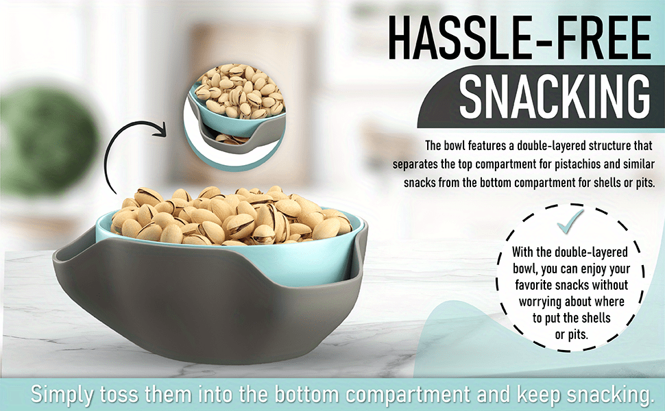 Elevated Essentials Pistachio Bowl - Dual-Compartment Serving & Storage for Nuts, Fruits, Candy & Snacks - Scratch-Resistant Plastic