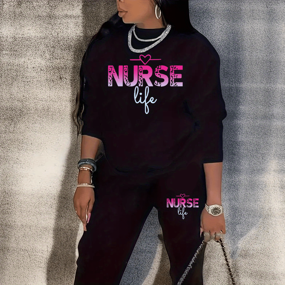 

Plus Size Nurse Print Two-piece Set, Casual Crew Neck Long Sleeve Sweatshirt & Sweatpants Outfits, Women's Plus Size Clothing