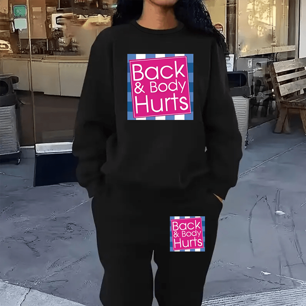 

Plus Size Back & Body Hurts Letter Print 2 Piece Set, Casual Long Sleeve Crew Neck Sweatshirt & Slant Pocket Jogger Pants, Women's Plus Size Clothing