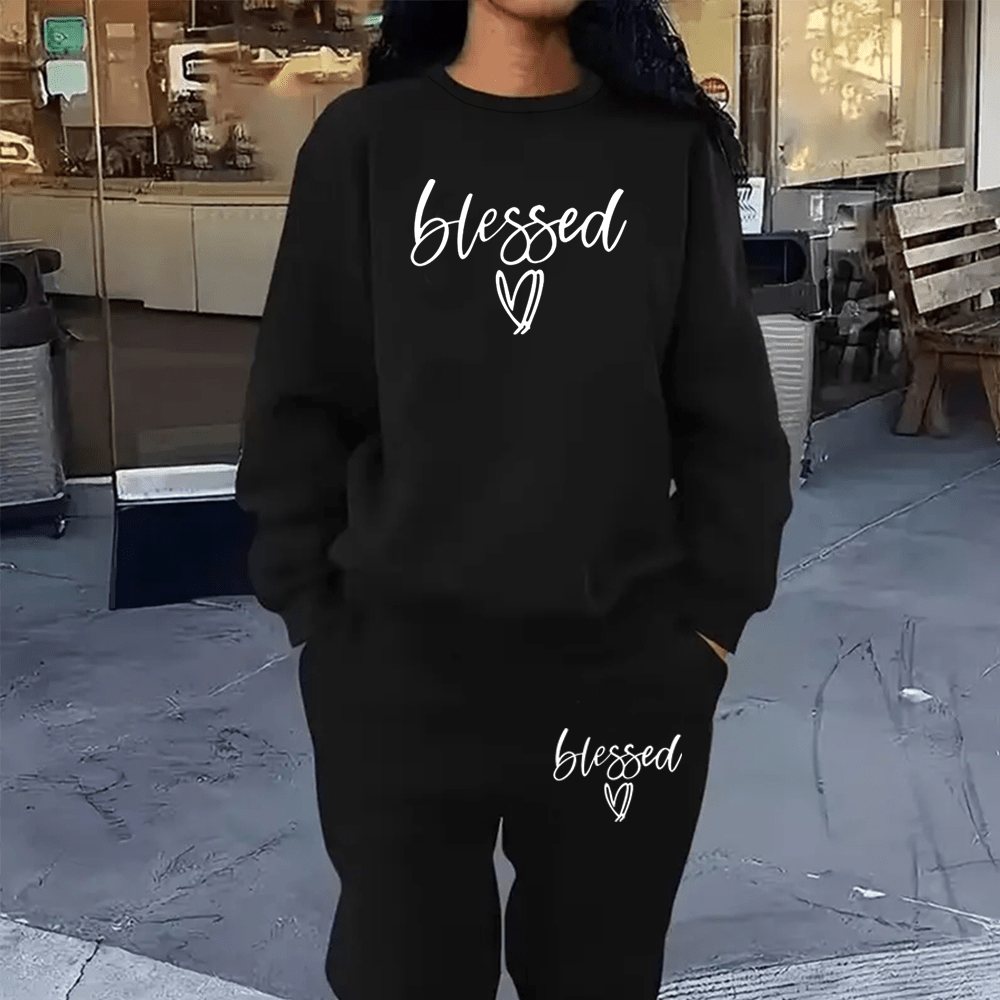 

Plus Size Casual Blessed Print Pants Set, Long Sleeve Crew Neck Pullover Sweatshirt & Pockets Fitted Bottom Joggers Outfits, Women's Plus Size Clothing