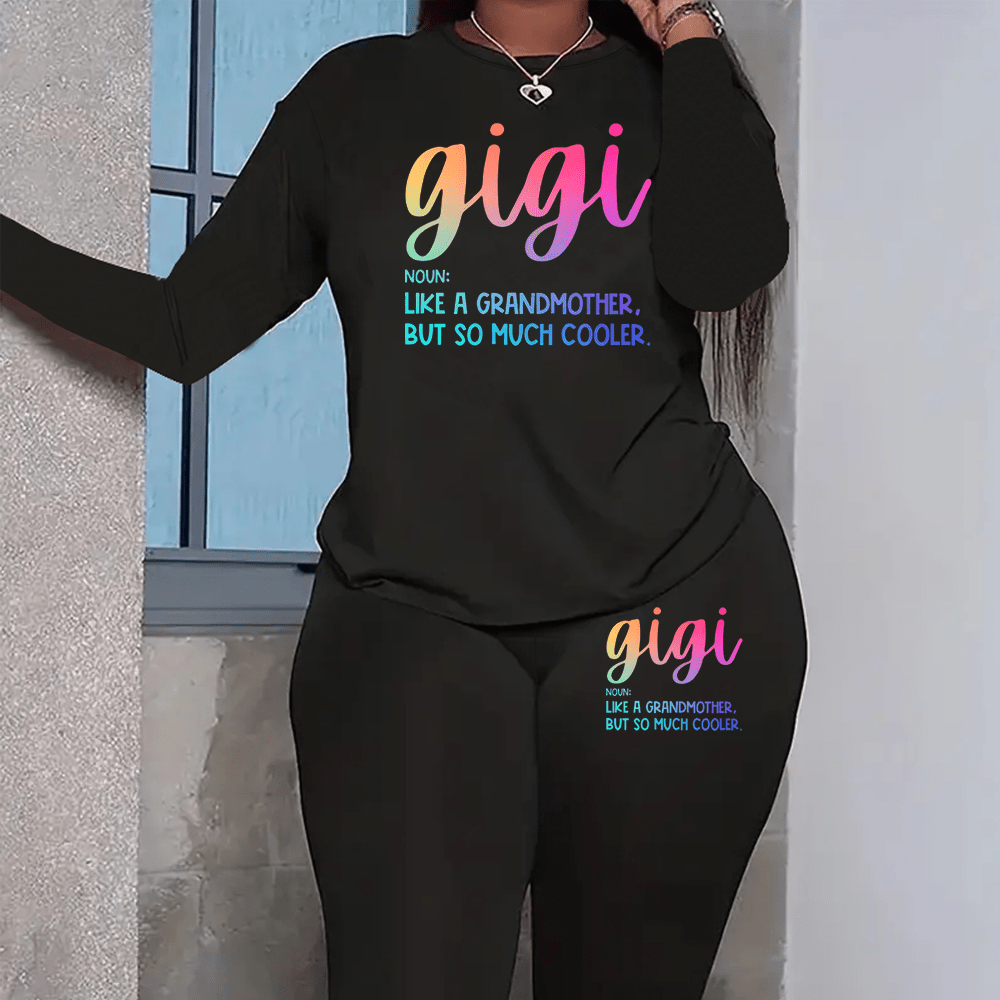 

Plus Size Casual Gigi Print Leggings Set, Long Sleeve Crew Neck T-shirt & Leggings Outfits, Women's Plus Size Clothing