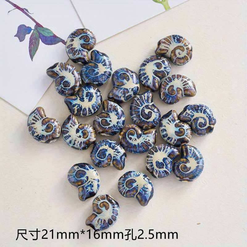 

10pcs Blue And White Jingdezhen Ceramic Snail Beads, Parrot Spiral Large Hole Charms, Diy Ocean Lily Conch Shell Bead Assortments For Jewelry Making