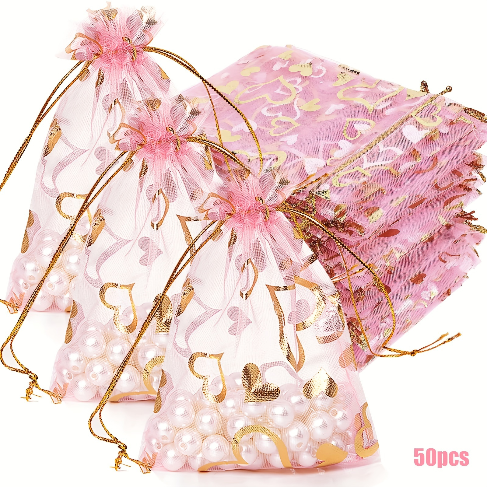 

50pcs Pink Organza Bags With Drawstring, Print, Valentine's Day Jewelry Packaging, Wedding Favors, Diy Bead & Jewelry Display, Gift Wrapping & Storage Supplies