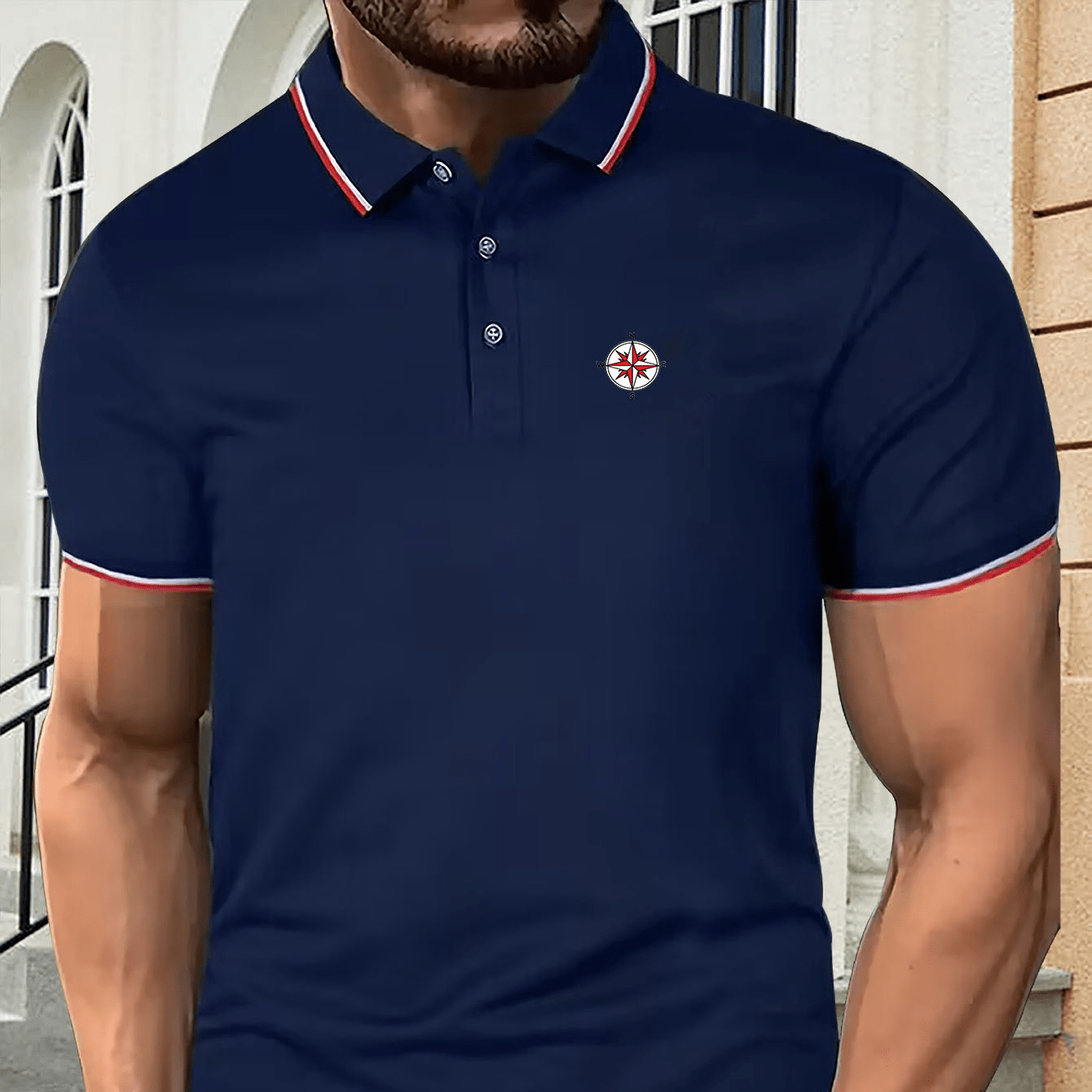 

Geometric Patterned Men's Casual Summer Short Sleeve Polo Shirt - Polyester Blend, Button Down, Regular Fit