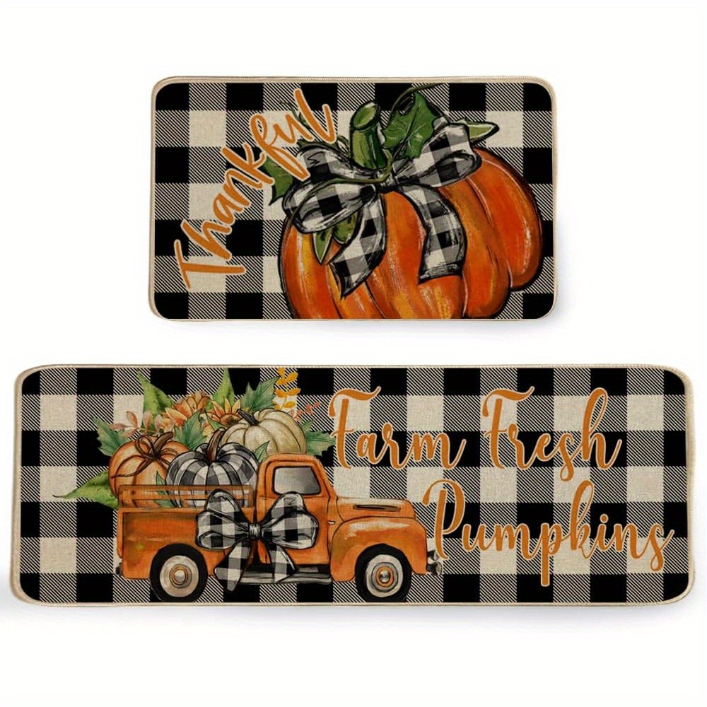 

Pumpkin Truck Fall Kitchen Rugs Set Of 2, Black And White Plaid Seasonal Decorative Kitchen Mats For Floor, Autumn Thanksgiving Non-slip Absorbent Rug And Door Mats-17x29 And 17x47 Inch-akm079