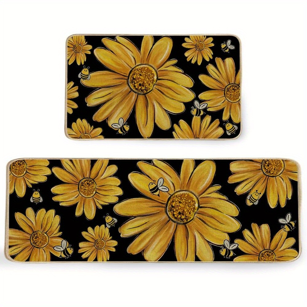 

Yellow Bee Summer Kitchen Mats Set Of 2, Yellow Sunflowers Seasonal Home Decor Summer Kitchen Rugs, Non Skid Washable Decorative Kitchen Mats For Floor-17x29inches And 17x47inches-akm063