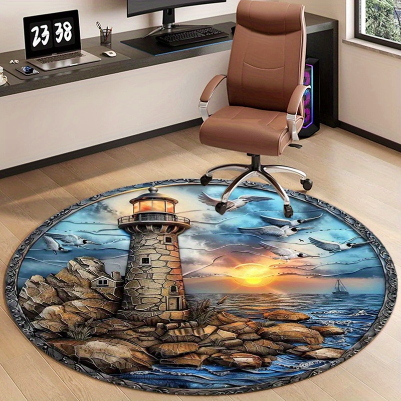 

Coastal Lighthouse Theme Round Rug - Polyester Non-slip Carpet For Bedroom, Living Room, Home Decor - Hand Washable Floor Mat With Nautical Design, Under 1.8m - 1pc