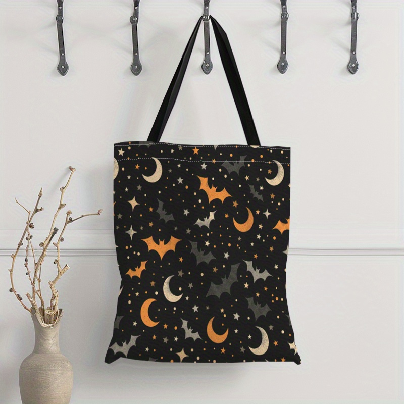 

Theme Moon And Bats Pattern Canvas Tote Bag, Durable Polyester Large Capacity Bag For Shopping