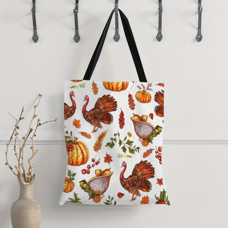 

Thanksgiving Element Turkey, Pumpkin Pattern Canvas Tote Bag, Perfect For Shopping, And Repeated Use