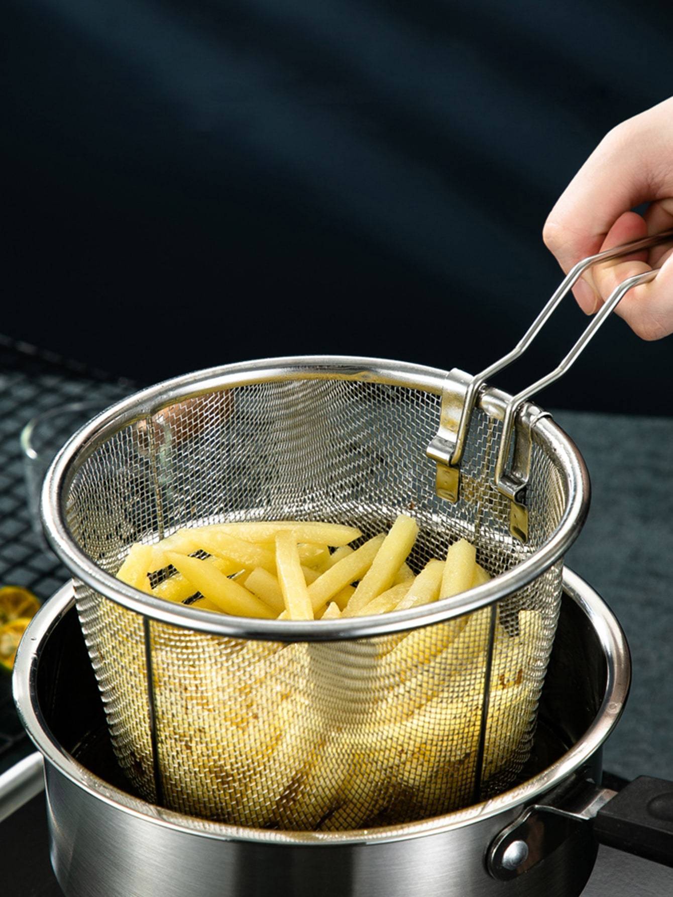 stainless steel deep fry basket foldable fryer strainer with handle for cooking frying straining   kitchen accessory for vegetables pasta   details 1