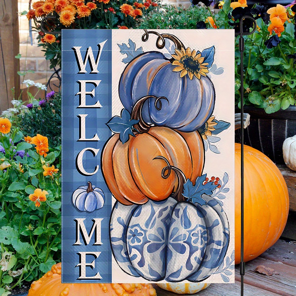 

Blue Pumpkin & Sunflower Garden Flag - Double-sided, Autumn Plaid Design For Thanksgiving Decor, Durable Polyester, Outdoor Home & Yard Accent, 12x18in, No Flagpole Included