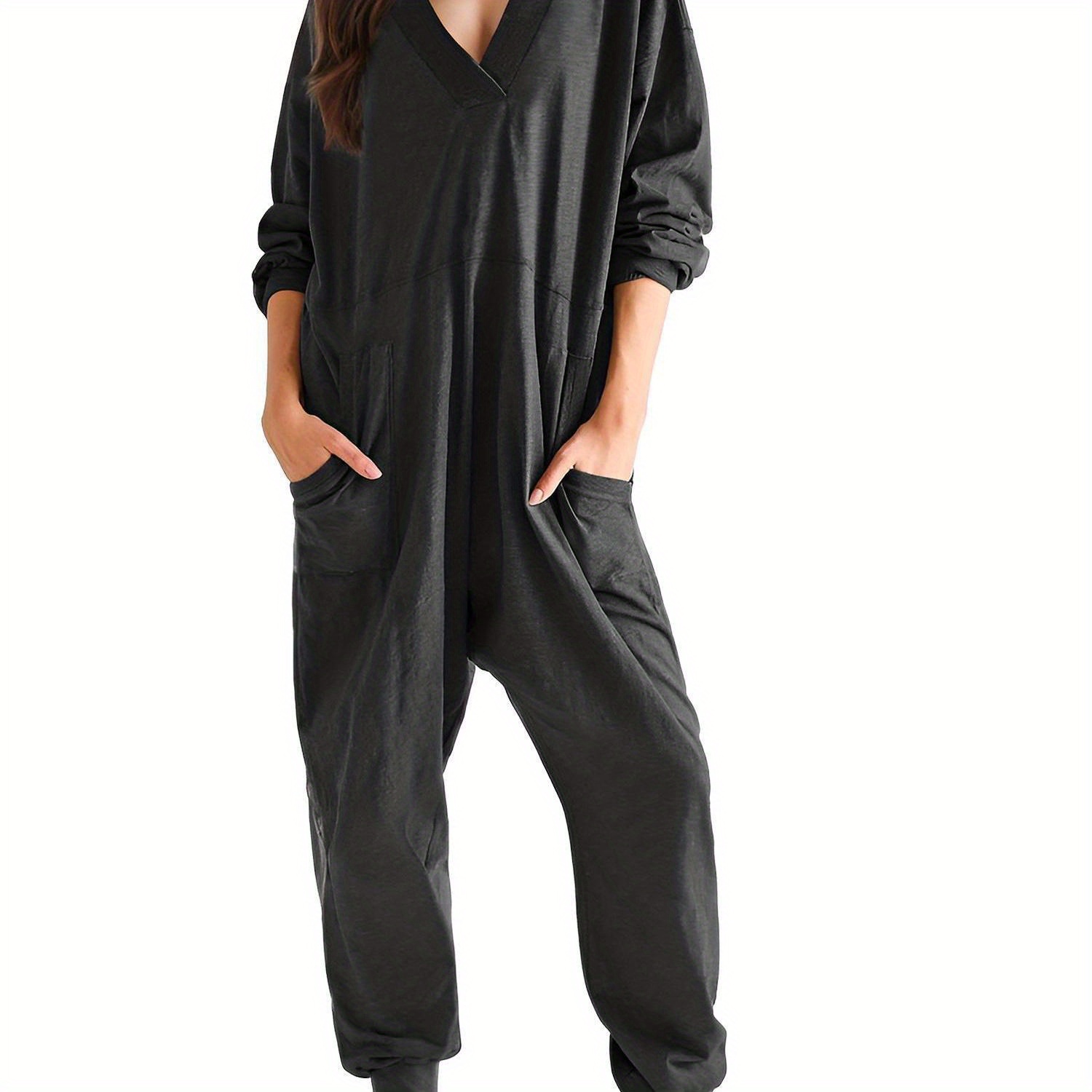 

Tooluck V Neck Loose Jumpsuit, Casual Long Sleeve Jogger Jumpsuit Wth Pocket, Women's Clothing