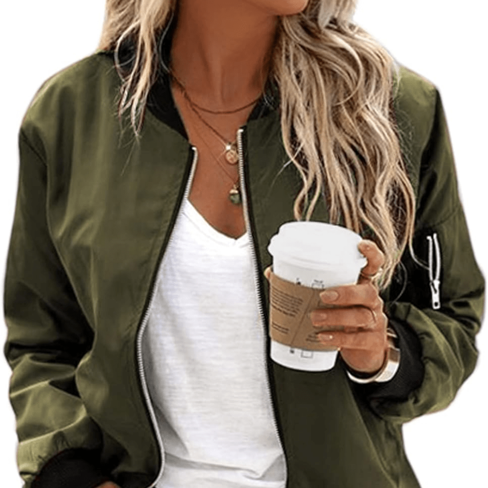 

Women's Bomber Jacket Casual Coat Zip Up Outerwear Windbreaker With Pockets S-xxl