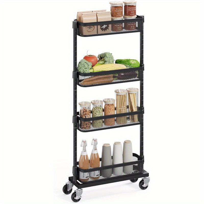 

4-tier Metal Rolling Cart With Wheels, Flexible Baskets, Narrow Cart For Kitchen, Bathroom, Laundry Room, Easy Assembly