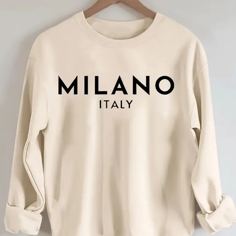 

Milano Print Long Sleeve Pullover Sweatshirt, Casual Crew Neck Sweatshirt For Winter & Autumn, Women's Clothing