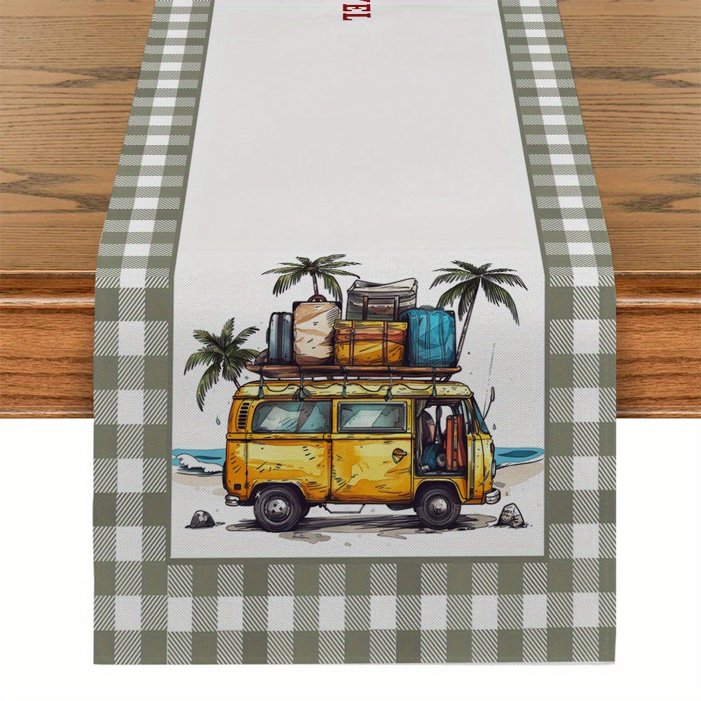 

Vintage Travel Bus Design Polyester Table Runner - Woven, Rectangular Kitchen Dining Decor, Home Room & Party Tabletop Decoration, 1pcs