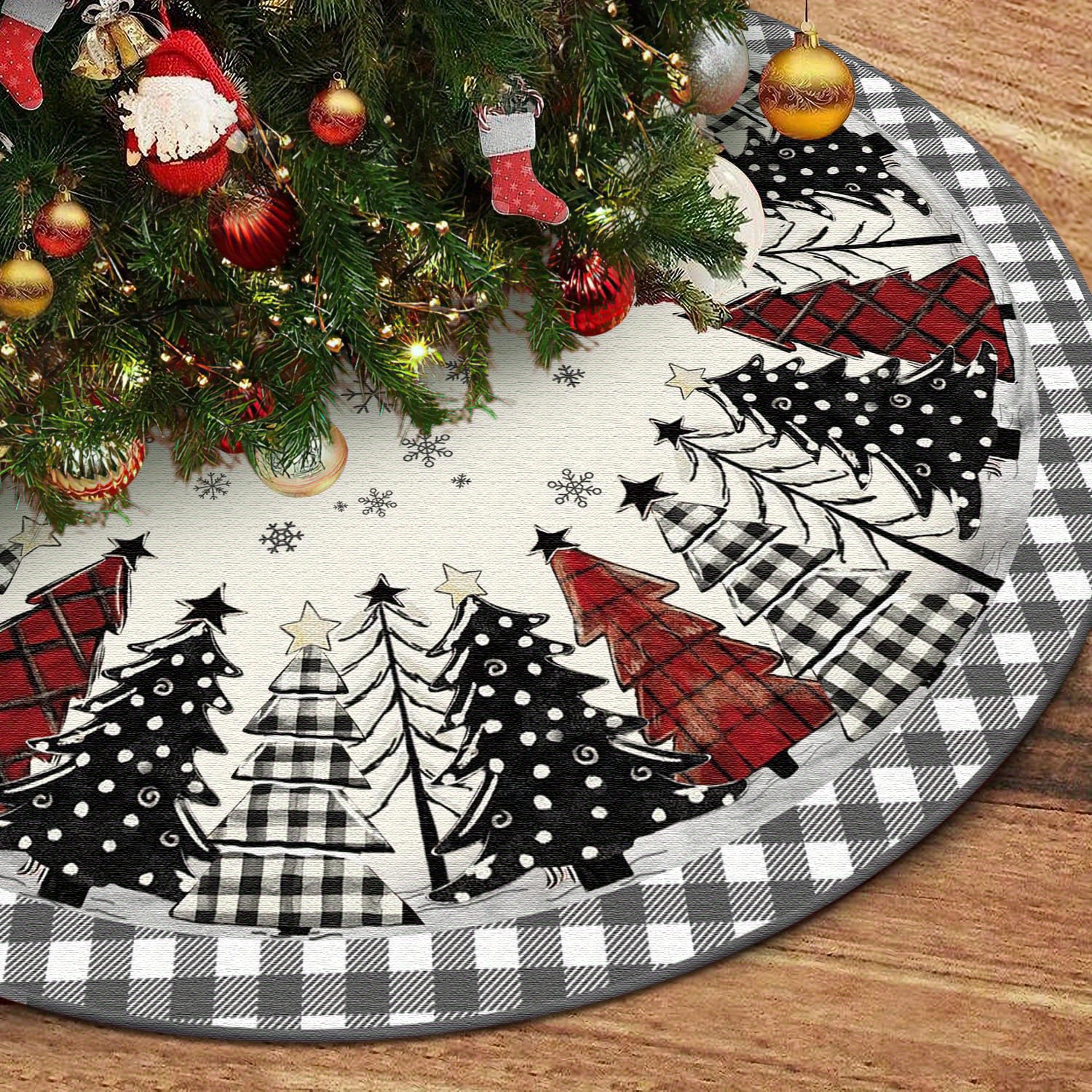 

1pc Polyester Christmas Tree Skirt, Buffalo Check With Snowflakes And Trees, Soft Farmhouse Theme Holiday Decor For Indoor Outdoor, 48" Diameter