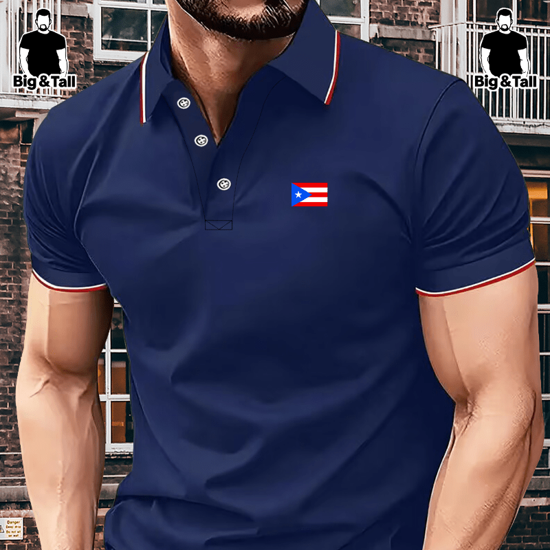 

Flag Of Puerto Rico Print Plus Size Men's Golf T-shirt With Contrast Collar And Trim, Casual Street Style Short Sleeve Top